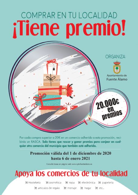 El Ayuntamiento de Fuente Álamo entregará 20.000 en premios por comprar en los comercios del municipio